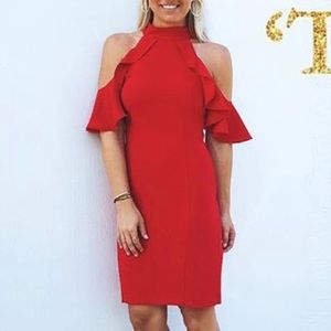 Red High Neck Ruffle Off Shoulder Dress